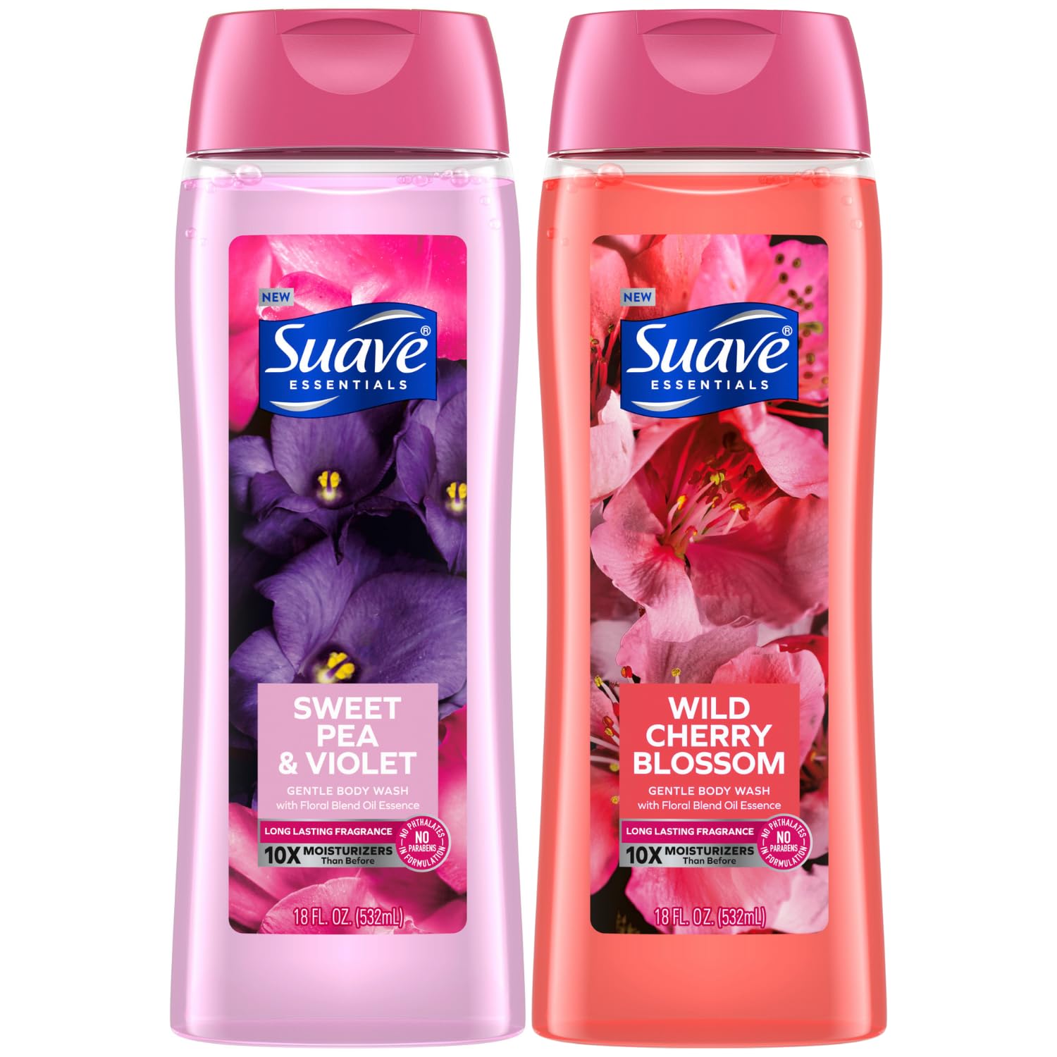 Suave Body Wash Variety 2-Pack, Sweet Pea & Violet + Wild Cherry Blossom - Moisturizing Floral Scented Shower Gel for Women & Men, 18 Oz Each | Perfect for Daily Hydration & Relaxing Bath Time