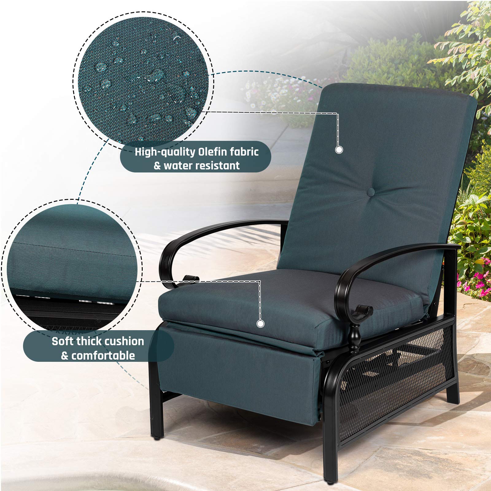 Adjustable Outdoor Lounge Chair with Removable Cushions - Patio Recliner Sofa for Garden, Poolside & Backyard - Peacock Blue - Perfect for Sunbathing, Relaxing & Outdoor Lounging