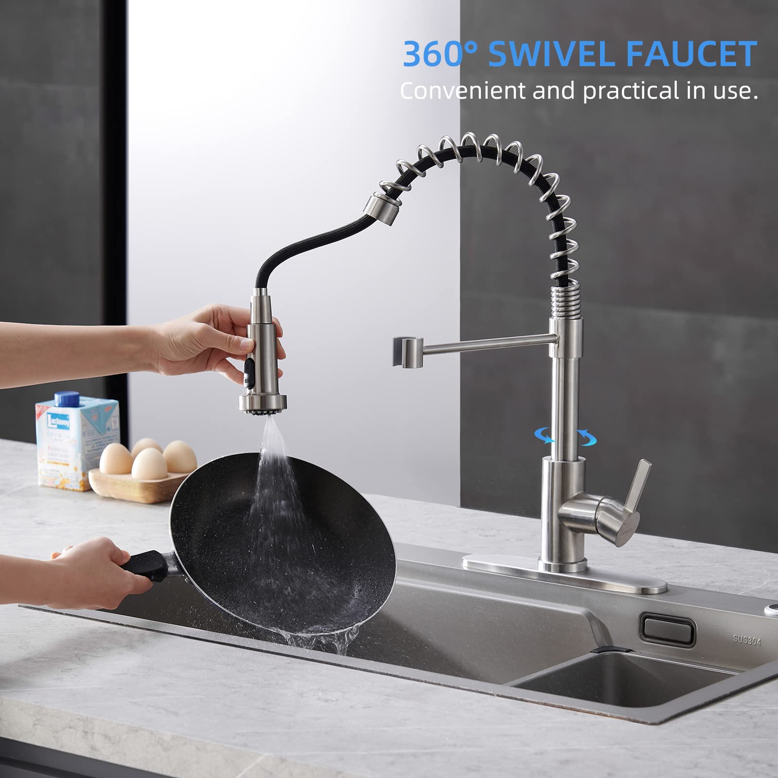 Commercial Kitchen Faucet with Pull Down Sprayer - Single Handle Stainless Steel Brushed Nickel Sink Faucet with Deck Plate | Ideal for Restaurants, Food Trucks & Home Kitchens