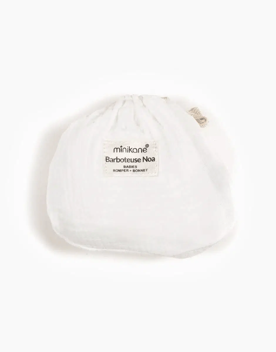 Minikane White Cotton Gauze Noa Romper and Hat Set with Pouch - Soft Baby Outfit for Newborns, Infants & Baby Dolls - Perfect for Photoshoots, Gifts & Nursery Decor