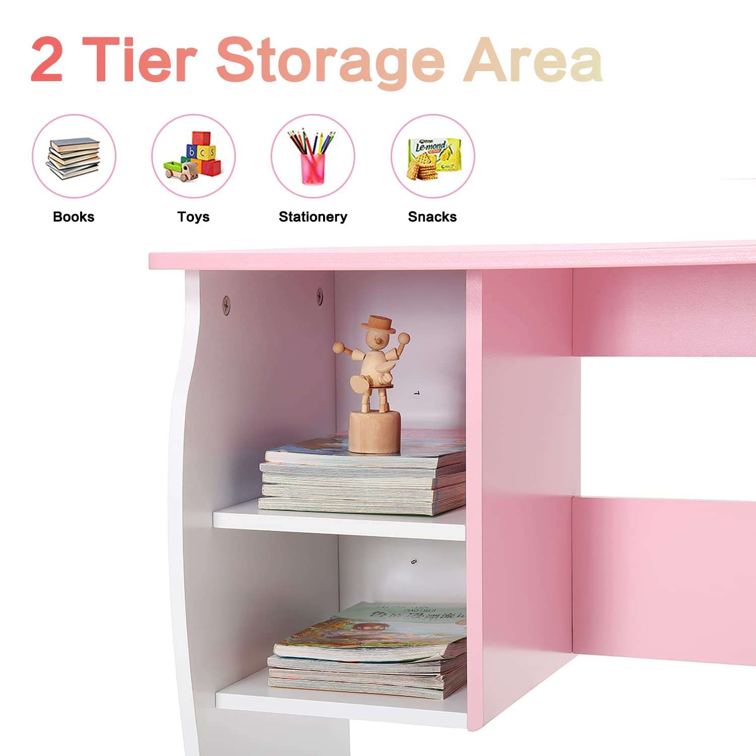 Kids Study Desk and Chair Set with Storage Shelf - Wooden School Table for Homeschooling, Writing & Learning - Perfect for Bedroom, Playroom & Home Classroom (Pink & White)