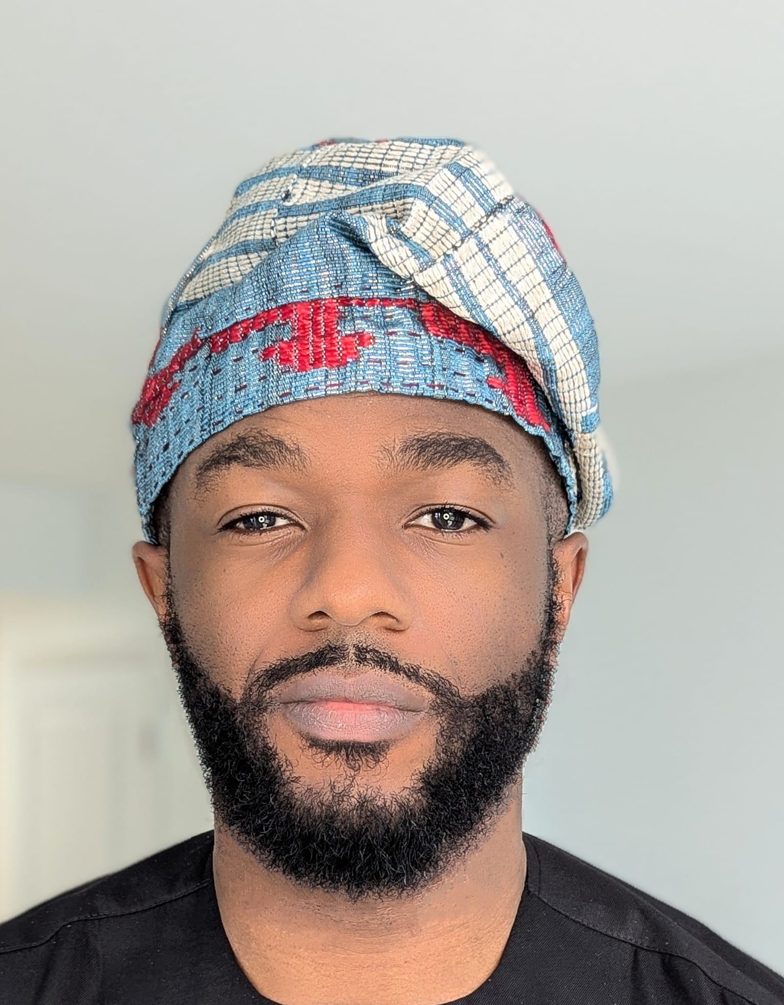 Light Blue African Aso Oke Fila Kufi Cap with Beige & Red Patterns - Traditional Nigerian Hat for Weddings, Parties & Cultural Events