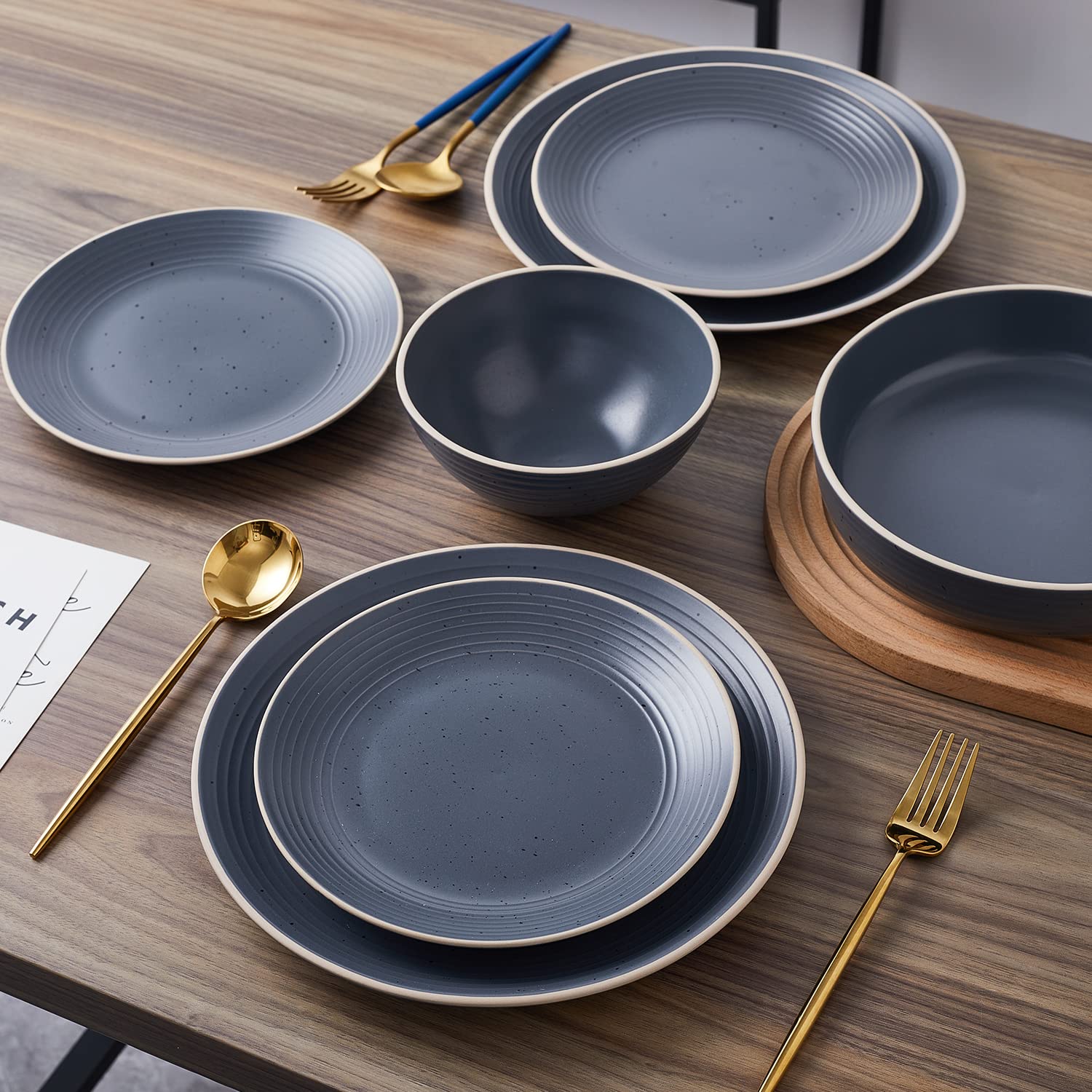 Stone Lain Lauren Modern Stoneware 16-Piece Round Dinnerware Set - 4 Plates & Bowls in Charcoal | Elegant Tableware for Family Dinners, Entertaining Guests & Restaurant-Style Dining