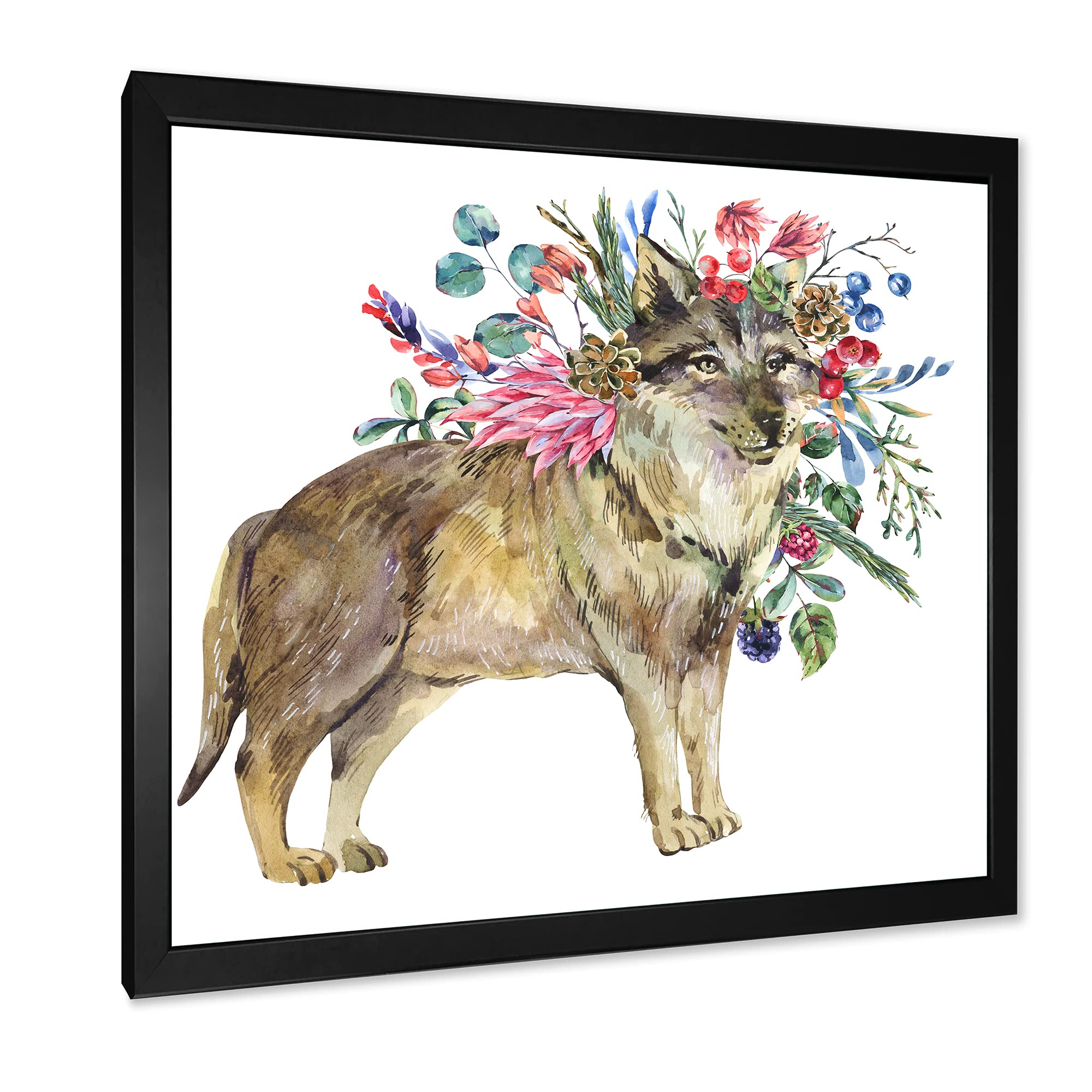 DesignQ Wolf with Woodland Flowers Framed Wall Art - Rustic Farmhouse Decor for Living Room, Bedroom & Office