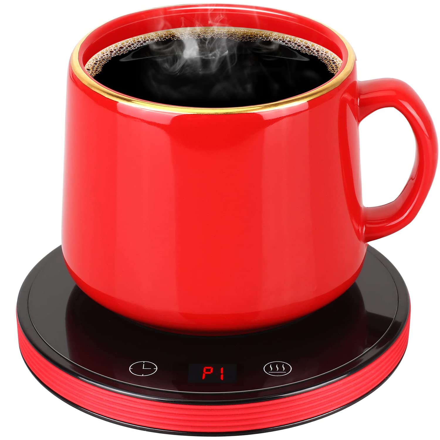 Smart Coffee Warmer for Desk - 8 Hours Auto Shut-Off, 3 Adjustable Temperature Settings, 1-12 Hour Timer - Electric Mug Warmer for Coffee & Tea (Red) - Perfect for Office, Home & Dorm Use