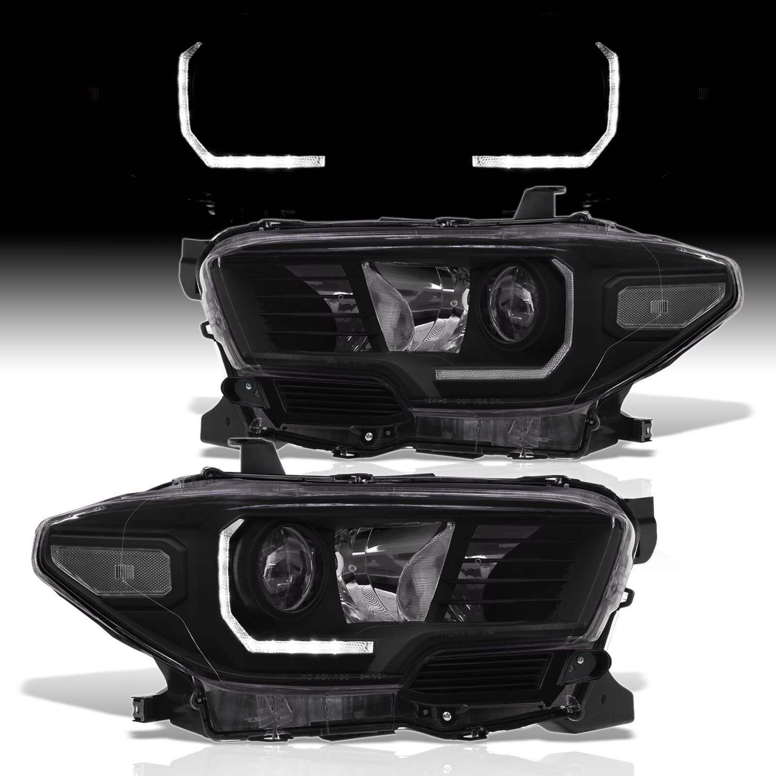 AJP Distributors Black Housing Clear Lens LED Projector Headlights with DRL Strip - Compatible with Toyota Tacoma 2016-2023 Models | High Visibility Driving Lights for Night & Off-Road Use