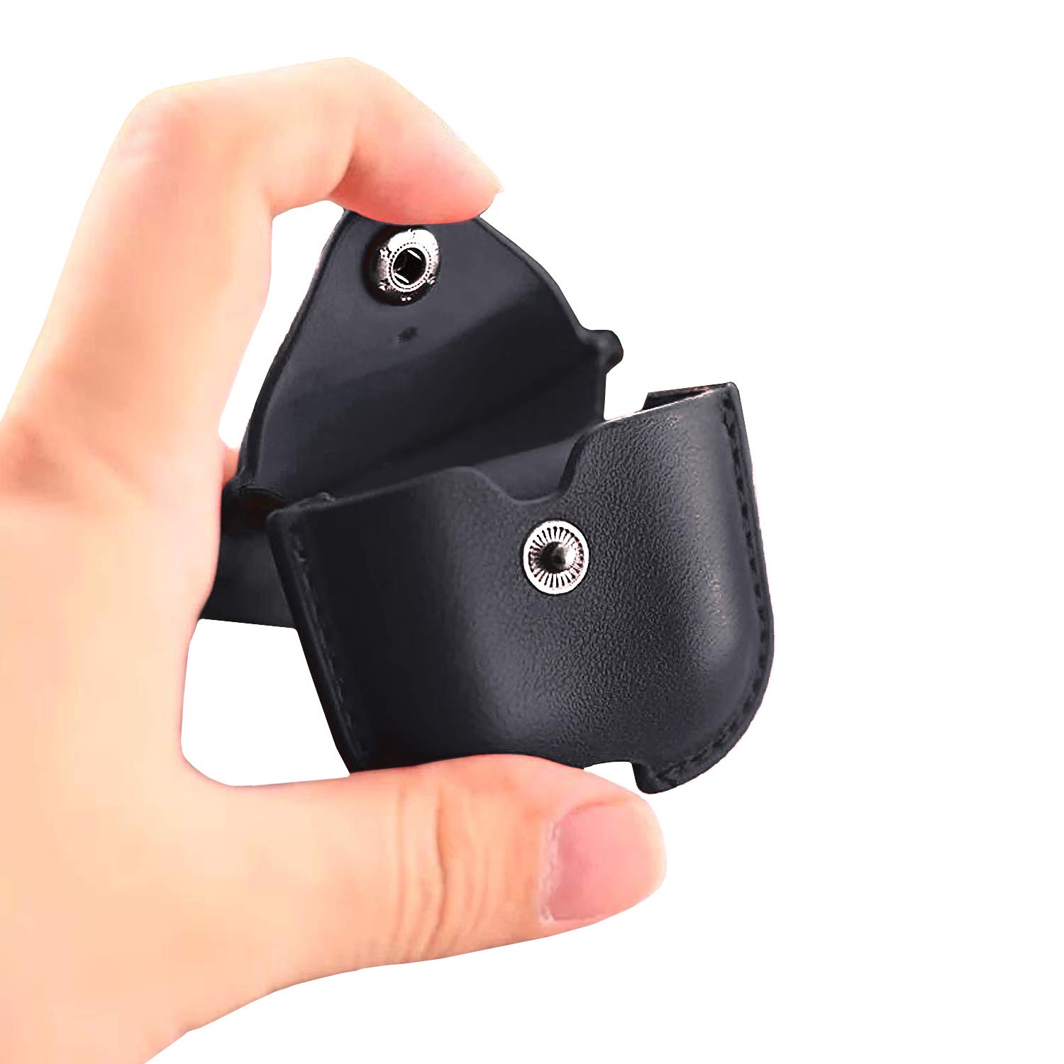 Leather AirPods 1/2 Charging Case Cover with Secure Snap-Fastener - Compatible with Apple AirPods 1st & 2nd Generation - Black Protective Case for Travel, Work & Daily Use