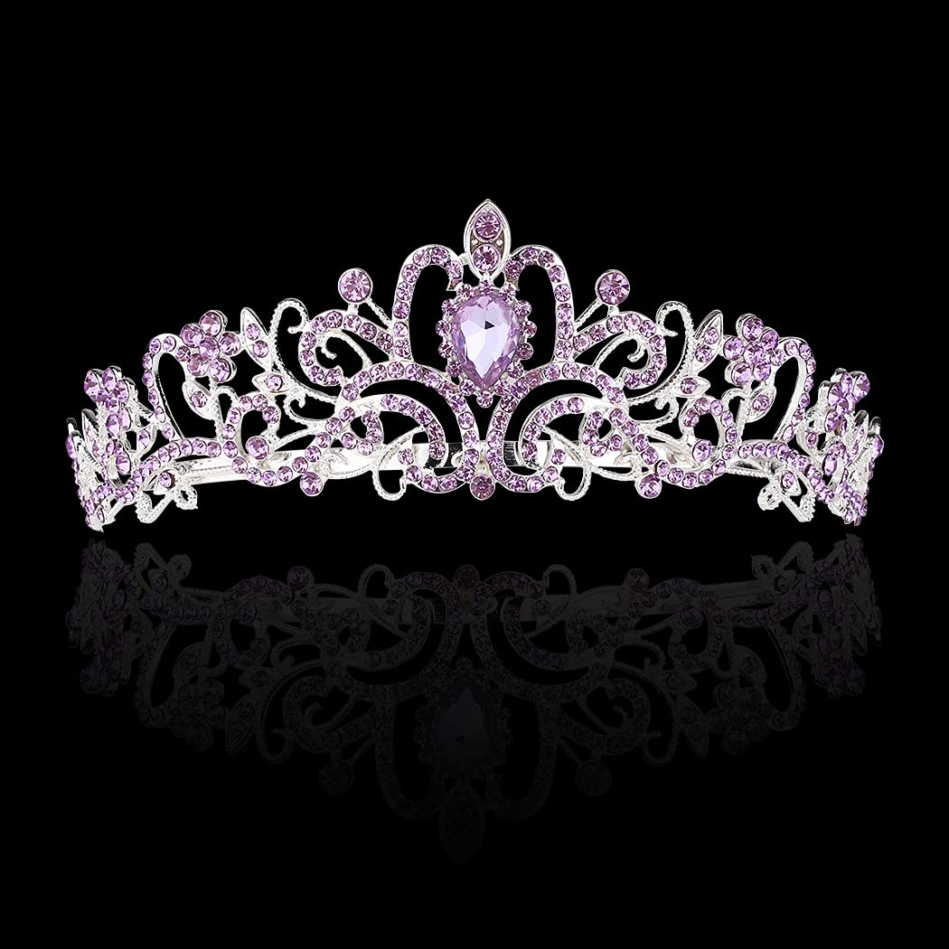 Elegant Silver Tiara for Women with Light Purple Crystals - Princess Crown with Combs for Girls, Bridal Wedding, Prom, Birthday Party Headpiece | Perfect for Weddings, Proms, Pageants, and Special Occasions