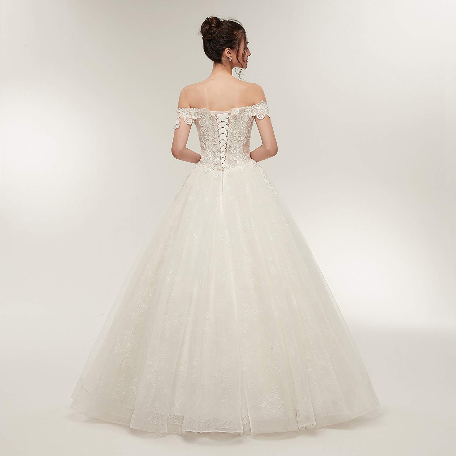 FCOMES Women's Luxury Sleeveless Lace Appliques Off Shoulder Wedding Dress - A-Line Ball Gown Bridal Gown in White for Bride, Prom, Evening Gala & Special Occasions