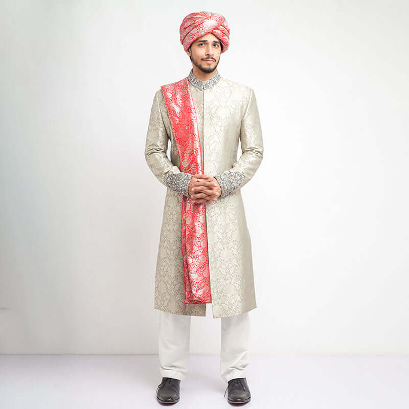 Elegant Ash Grey Pure Brocade Silk Sherwani for Men | Traditional Indian Wedding Attire | Perfect for Groom, Festivals & Special Occasions