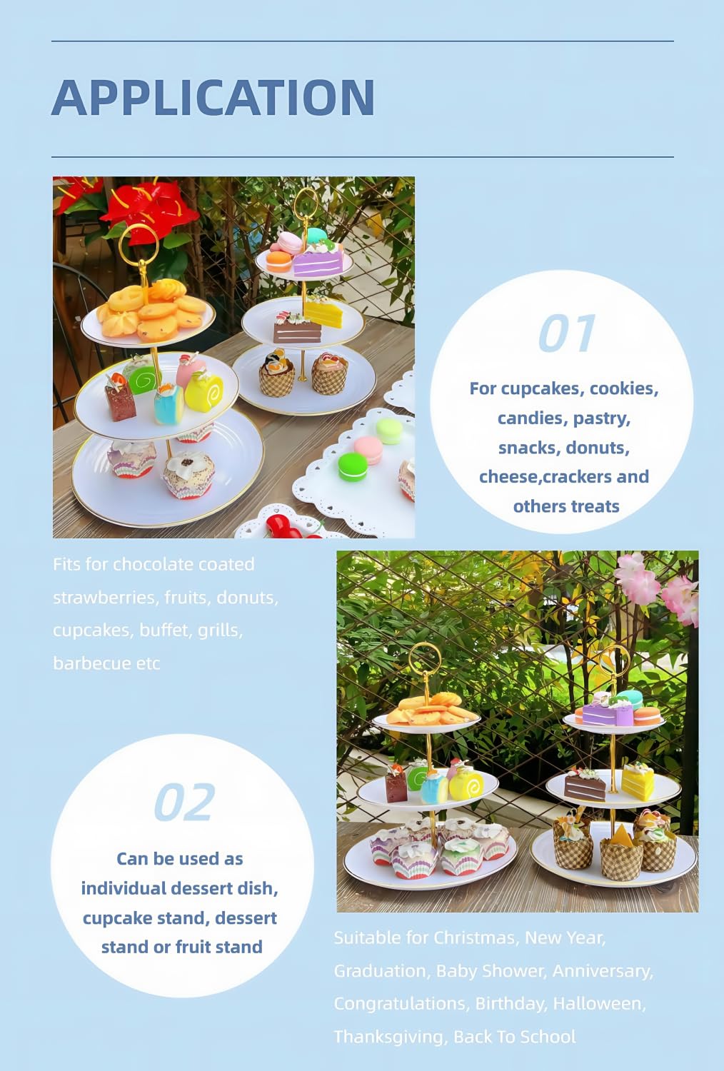 3-Tier Plastic Cupcake Stand for Weddings & Parties - Round White Dessert Stand with Gold Rim - Tiered Serving Cake Display for Pastries, Cakes & Treats (2-Pack) - Perfect for Birthday Parties, Baby Showers & Bridal Events