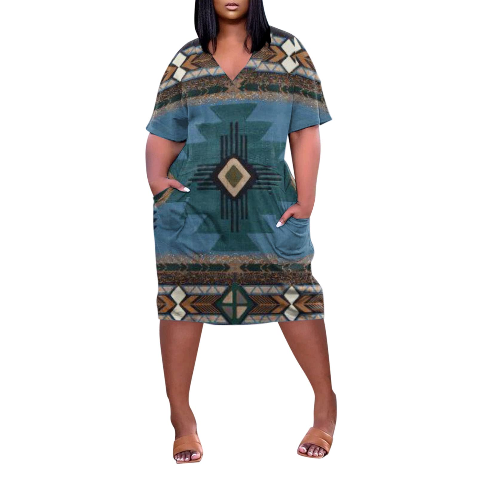Women's Plus Size Tie Dye T-Shirt Dress - Short Sleeve Casual Summer Midi Dress with V Neck & Pockets | Loose Fit Comfortable Tunic for Beach, Vacation & Everyday Wear