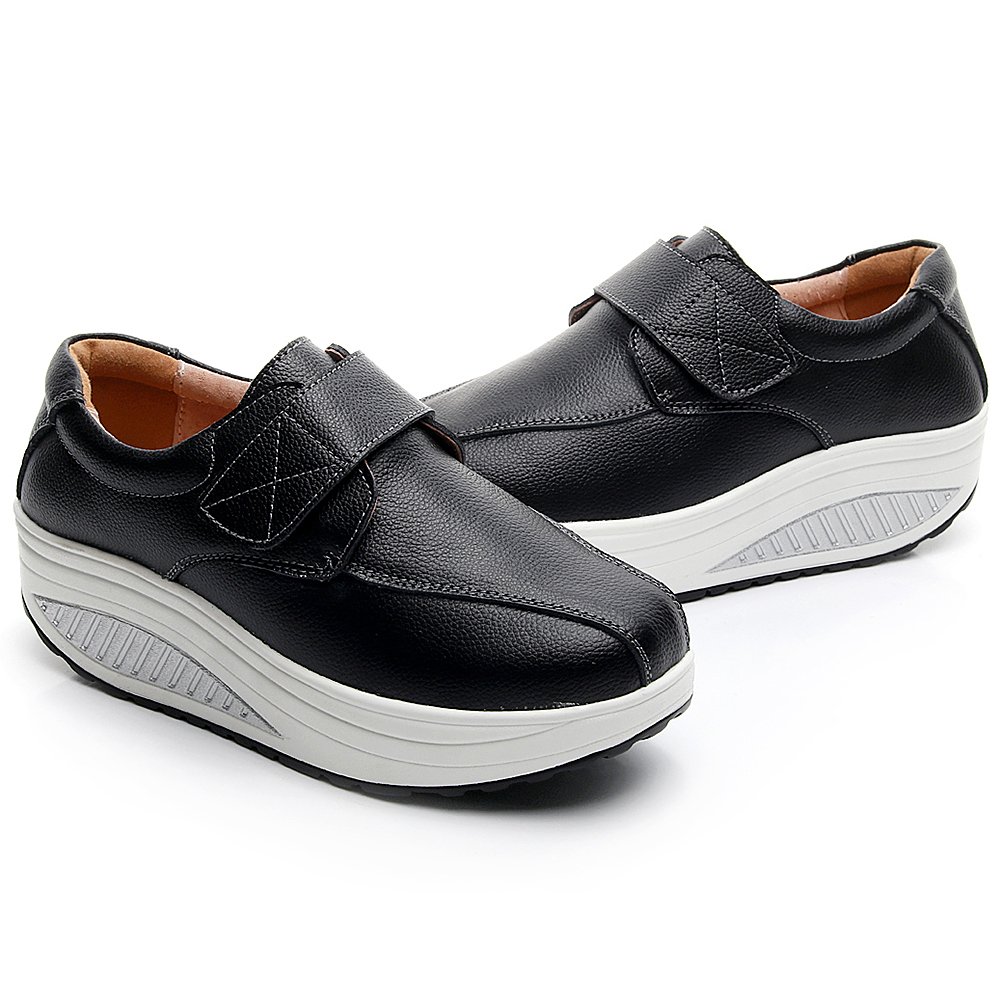 Rismart Women's Comfortable Wedge Rocker Sneakers - Smooth Leather Fashion Fitness Shoes for Walking, Workout & Casual Wear