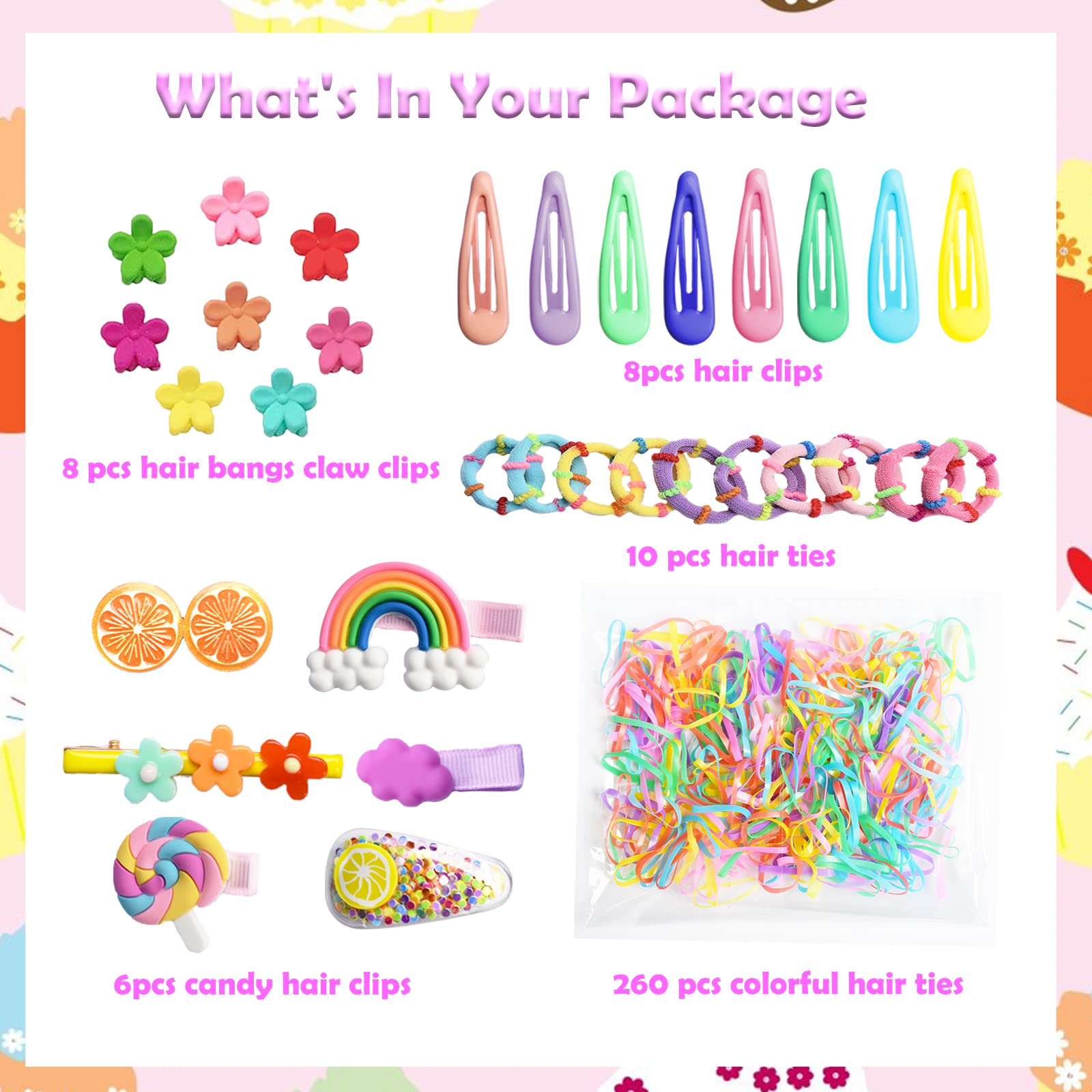 292PCS Baby Hair Clips Set - Cute Toddler Girls Hair Accessories with Flowers, Candy & Fruits Design - Colorful Rainbow Hair Clips for Kids Styling - Perfect for Parties, School & Daily Outfits
