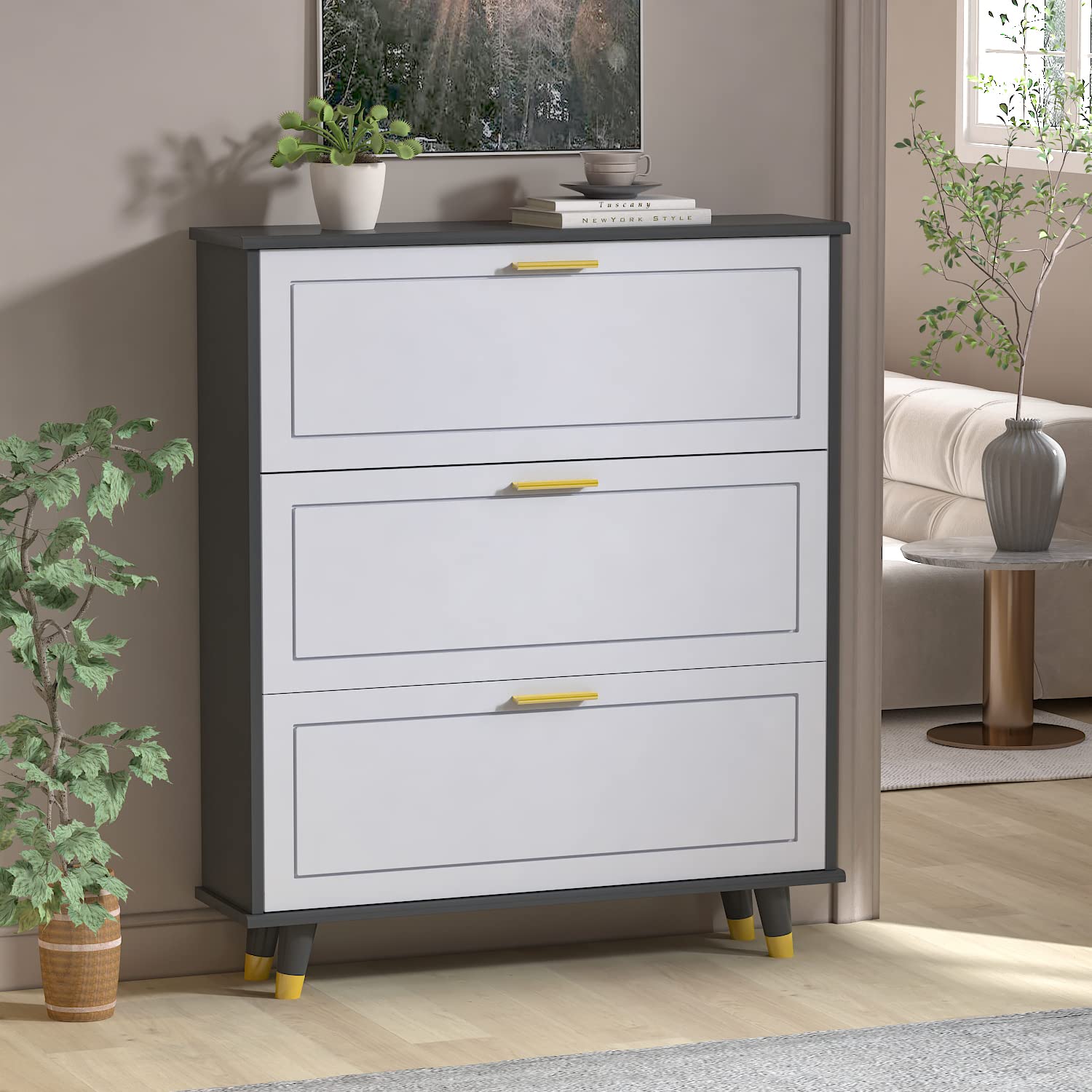 Modern 3-Drawer Shoe Storage Cabinet - Wooden 3-Tier Shoe Rack Organizer for Entryway, Hallway, Closet (Black & White, 35.4