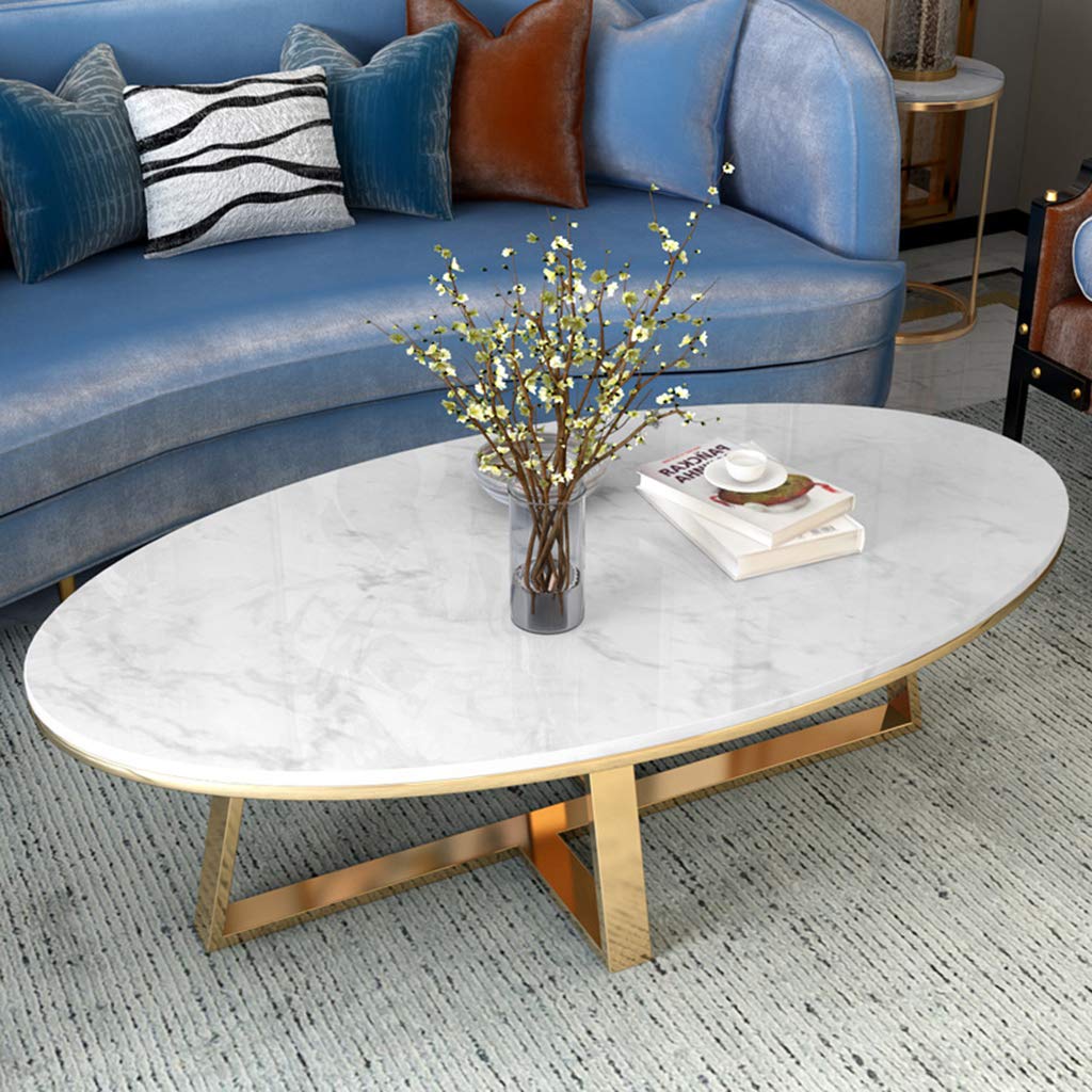 White Oval Marble Coffee Table - Modern Living Room End Table for Small Spaces | Durable & Stylish Occasional Furniture for Home Decor & Entertaining