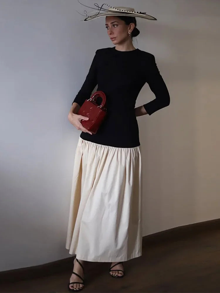 Elegant Round Neck Long Sleeve Slim Women's Robe Dress with Contrast Spliced Pleated Hem - Formal Evening Gown for Parties, Weddings & Special Occasions