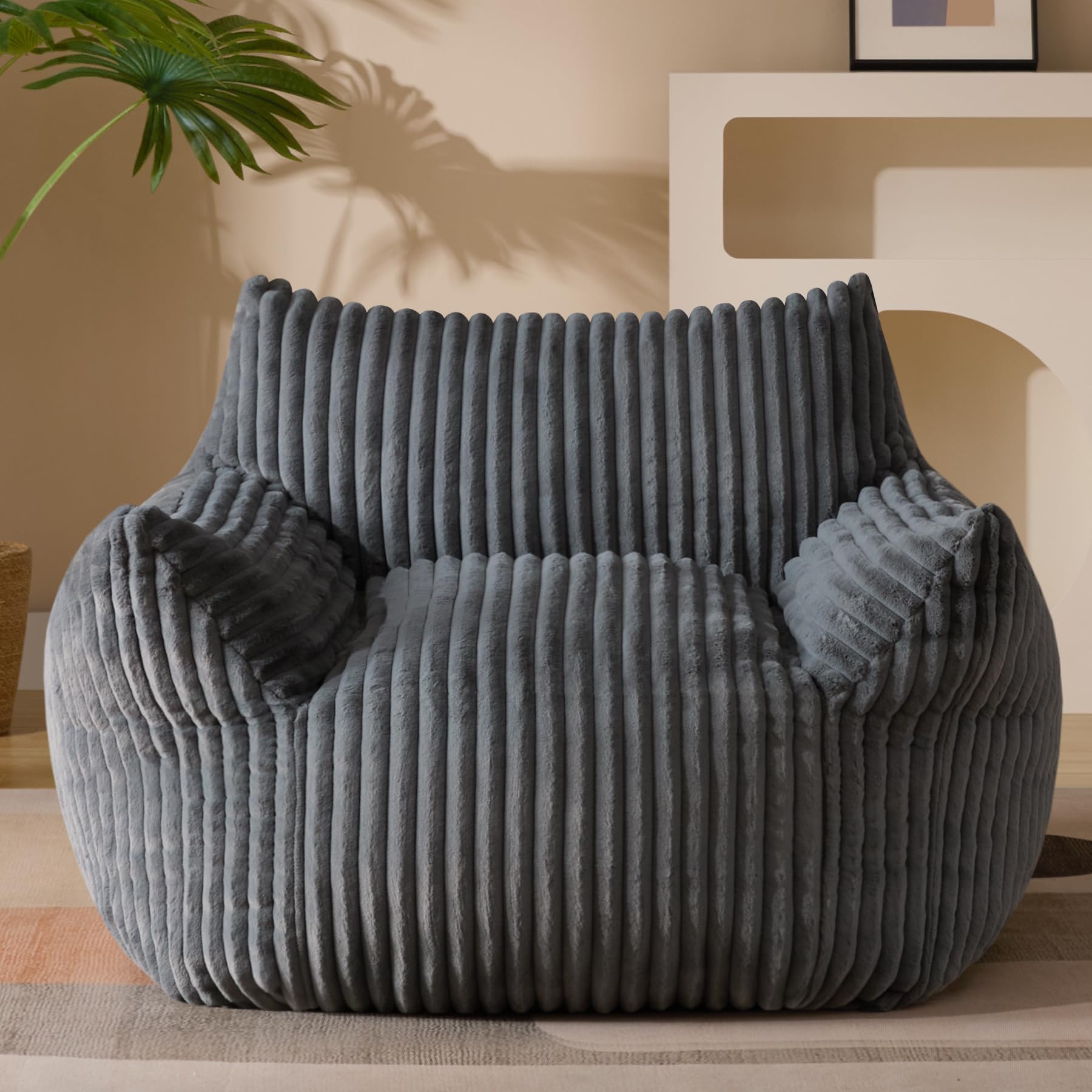 Giant Plush Bean Bag Chair for Adults with Armrests - Oversized Comfy Grey Beanbag Lounge Chair, Fluffy Single Cloud Mini Couch for Living Room, Bedroom & Dorm | Perfect for Relaxing, Gaming, Movie Nights & Small Space Decor