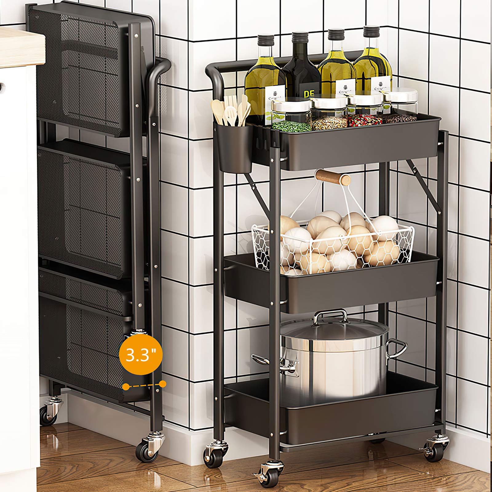 Foldable 3-Tier Rolling Storage Cart with Wheels - No Assembly Required Metal Utility Organizer with Handle & Basket - Perfect for Kitchen, Pantry, Classroom, Office & Home Organization