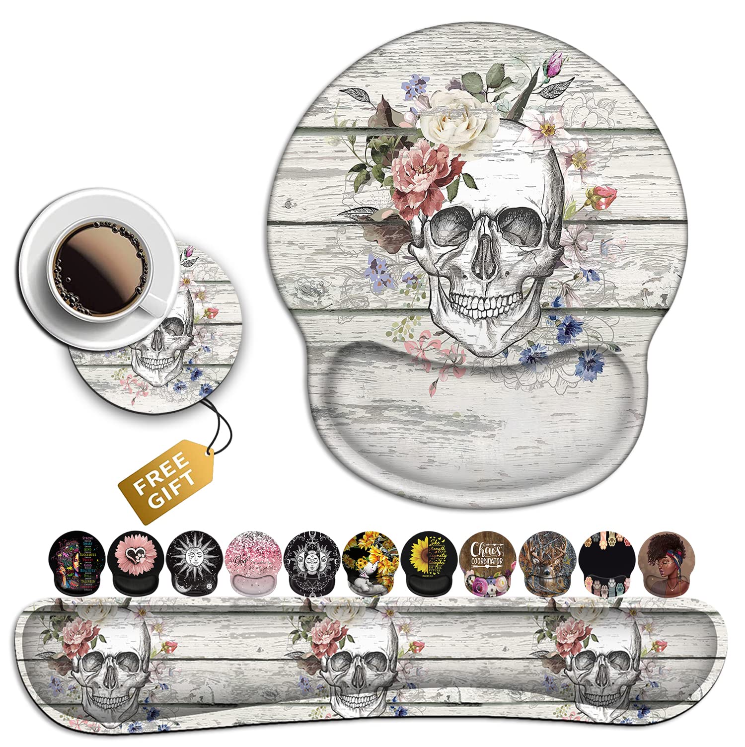 Ergonomic Gel Mouse Pad with Wrist Support & Memory Foam Keyboard Wrist Rest - Vintage Wood Pattern Skull Skeleton Flowers Design for Office Typing, Gaming & Desktop Decoration - Perfect for Computer Workstations, Home Offices & PC Gaming Setups