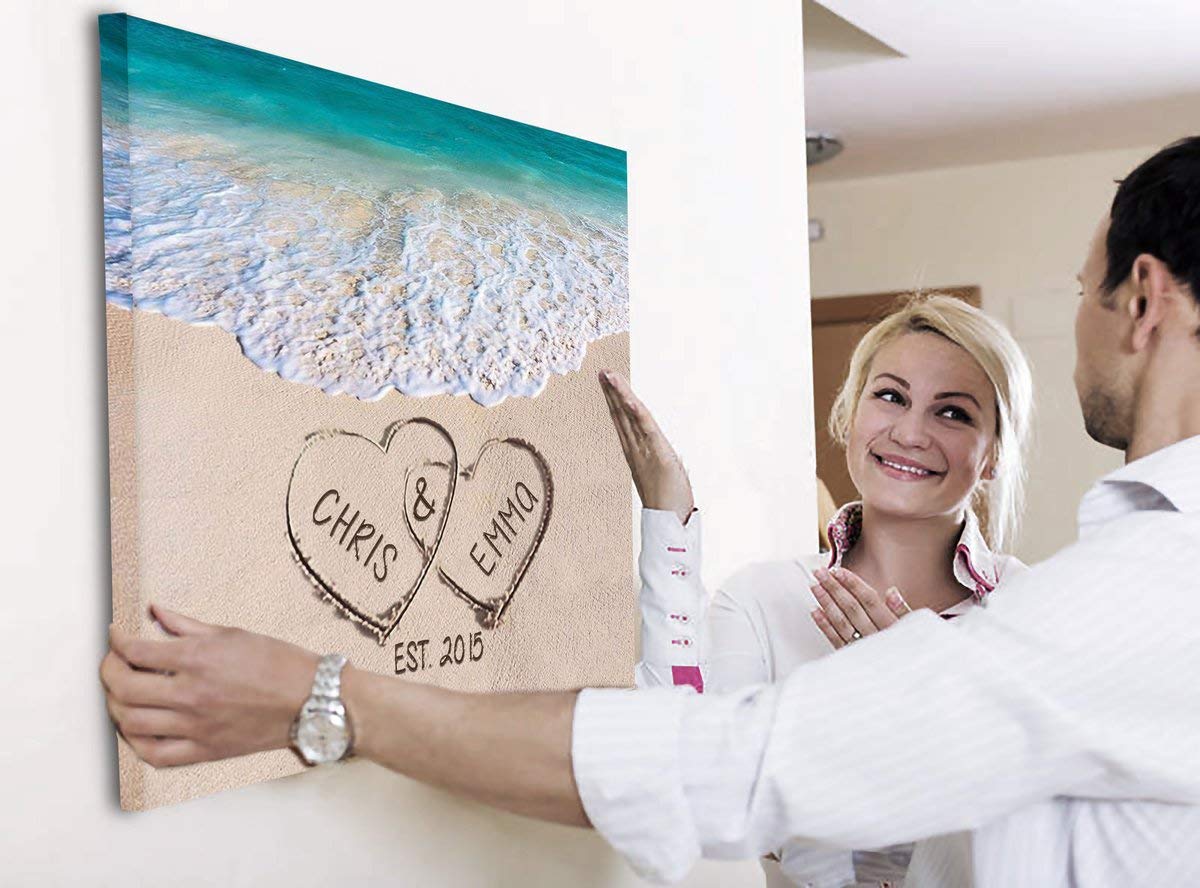 Personalized Love On Beach Canvas Print - Custom Two Hearts Wall Art for Couples, Wedding Gift, Anniversary Present - Perfect for Home Decor, Bedroom, Living Room & Romantic Gifts