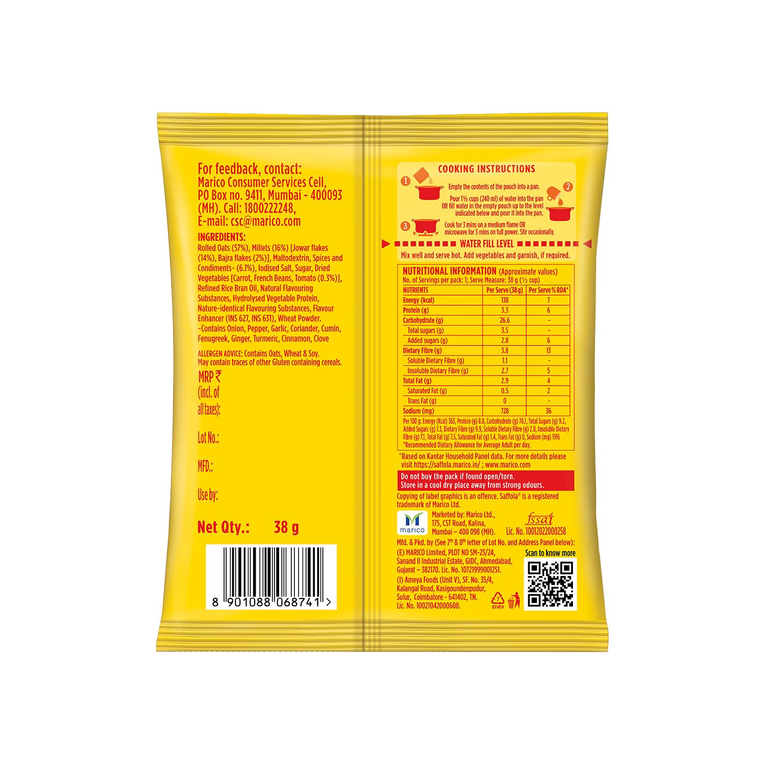 Saffola Peppy Tomato Oats - 40g | Healthy Breakfast Oats | Quick & Nutritious Meal for Busy Mornings, Office Lunch, or Post-Workout Snack