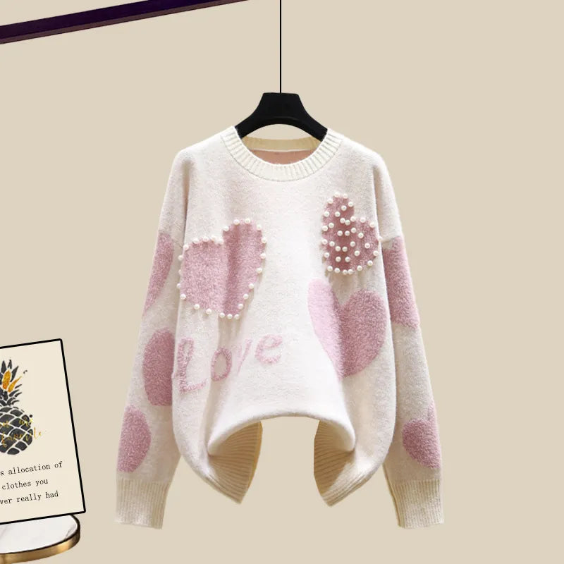 Women's 3-Piece Winter Sweater Set - Korean Fashion Heart Beaded Knitwear + Lambswool Vest + Pants Suit | Warm Autumn Winter Outfit for Office, Dating & Casual Wear