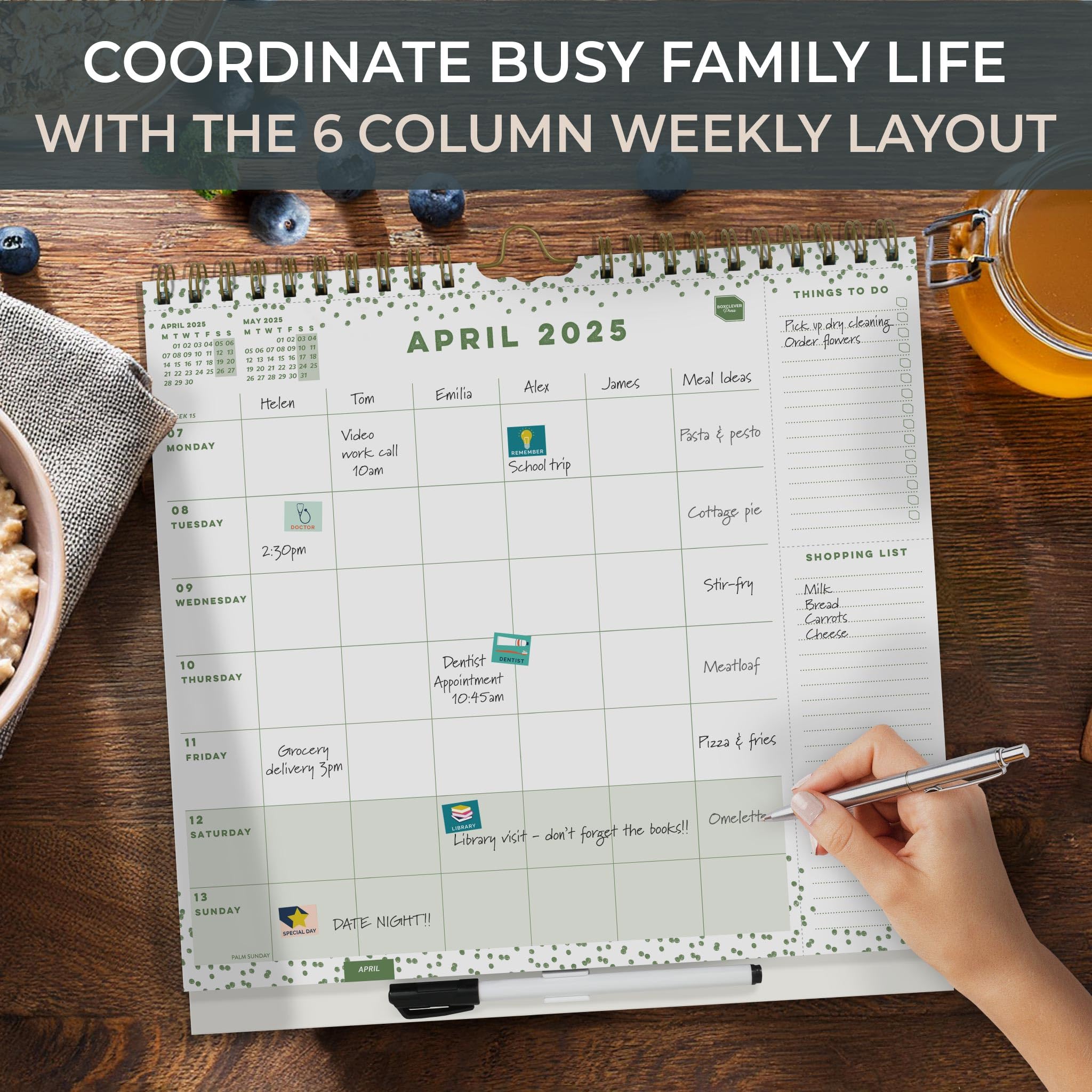 Boxclever Press Family Weekly Planner 2025 - 12 Month Wall Calendar with 6 Columns, Lists, Pocket & Stickers | January to December 2025 | Perfect for Home Organization, School Schedules & Family Planning