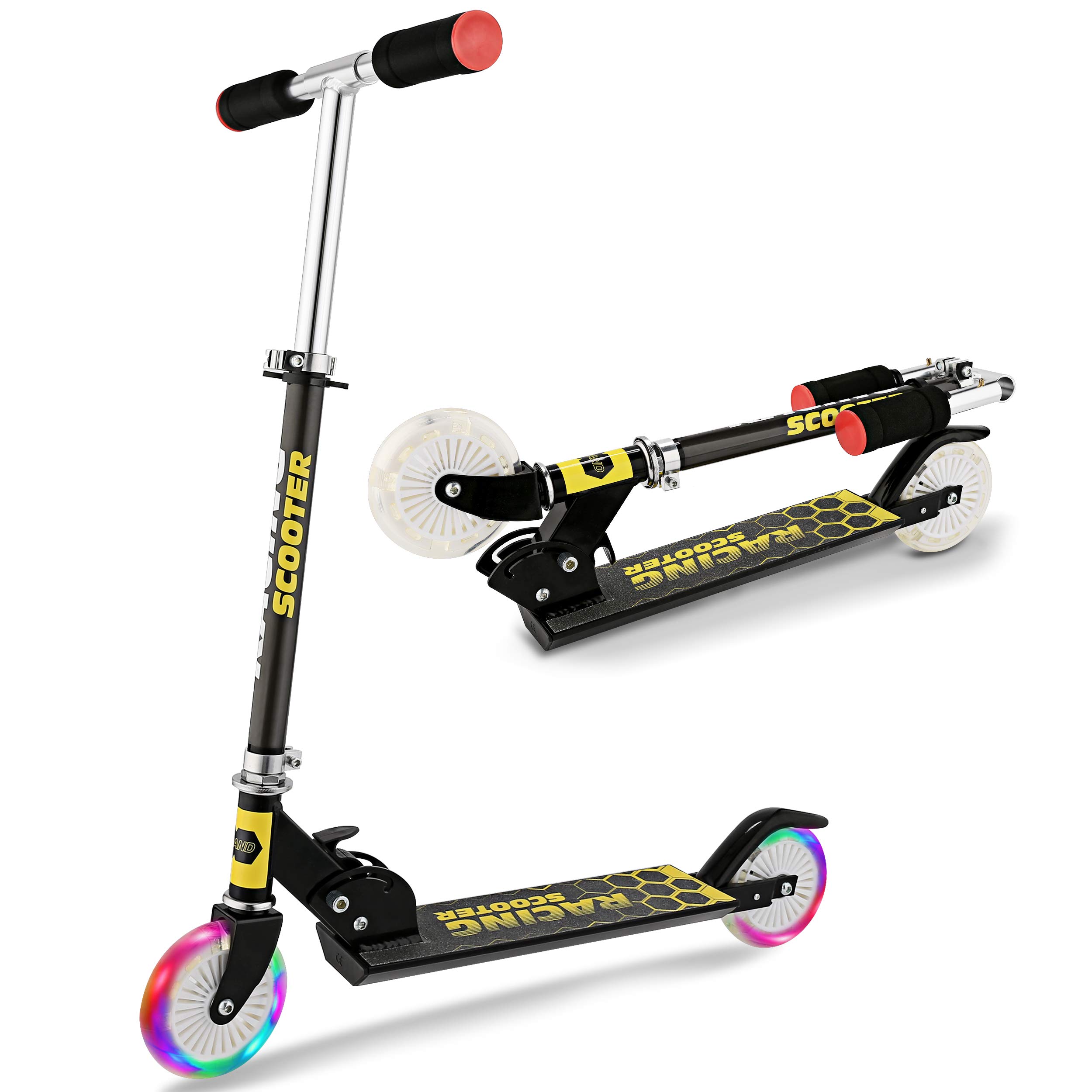Hikole LED Light Up Wheels Kids Scooter - Adjustable Height Kick Scooter for Boys & Girls, 5lb Lightweight Folding Design with Rear Fender Brake (110lb Capacity) - Perfect for Commuting, Park Rides & Outdoor Family Fun