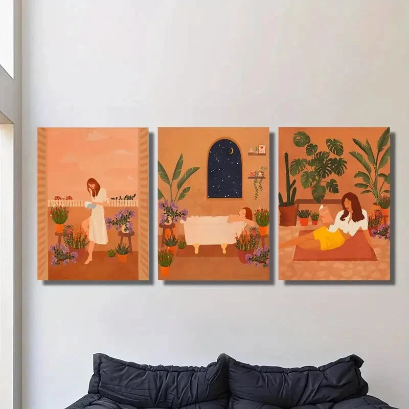 3-Piece Serene Plant & Girl Illustrations Metal Wall Art - Ready to Hang, Modern Home Decor for Living Room, Bedroom, Office (8x10 Inches)