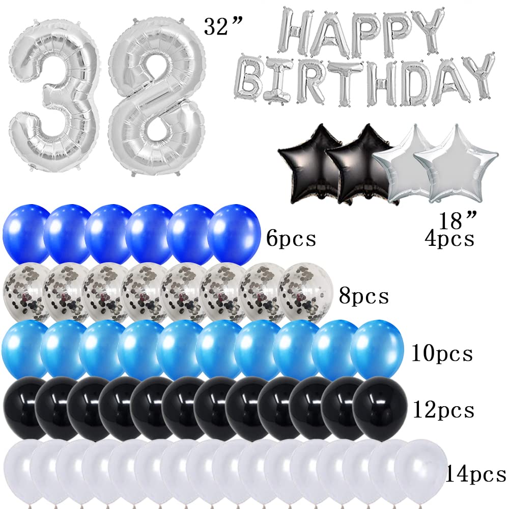 38th Birthday Party Decorations Set - Foil Happy Birthday Banner, Number 38 & Star Balloons, 43pcs Latex Balloons in Silver & Blue for Adult Birthday Celebrations & Milestone Parties
