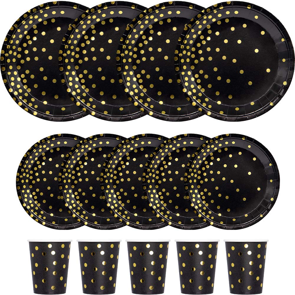 350PCS Black and Gold Party Supplies Set - Disposable Dinnerware with Gold Dot Paper Plates, Napkins, Cups & Plastic Cutlery for Birthday, Wedding, Baby Shower Decorations - Elegant Tableware for Women & Men's Special Events