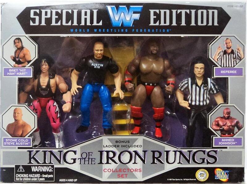 1997 WWF Jakks Pacific Special Edition King of the Iron Rungs Box Set - Bret Hit Man Hart, Stone Cold Steve Austin, Referee & Ahmed Johnson - Exclusive Collectible Wrestling Action Figures for Display & Nostalgic Fans