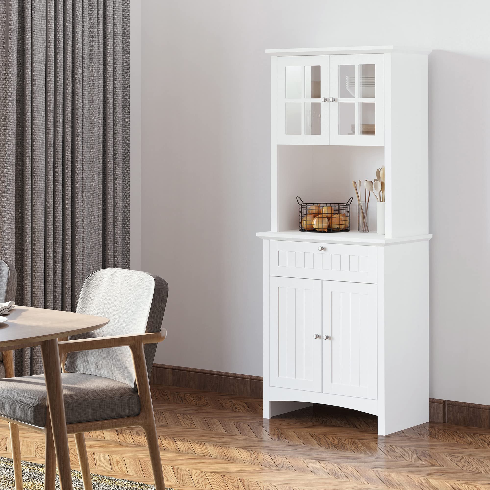 HOMCOM Elegant Buffet Hutch with Framed Glass Doors, Kitchen Pantry Storage Cabinet with Drawers & Microwave Space, White - Perfect for Dining Room Organization & Small Kitchen Storage