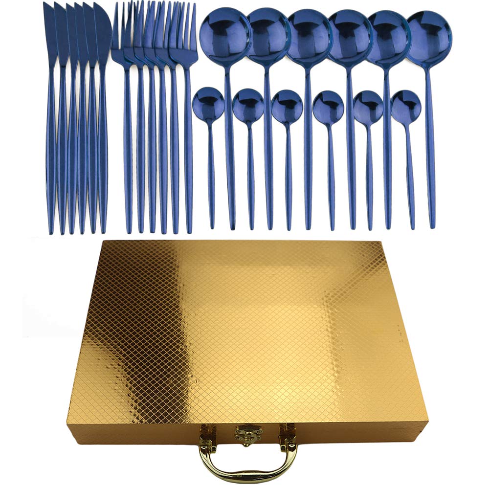 24-Piece Stainless Steel Flatware Set - 304 Rainbow Silverware Cutlery with Gold Gift Box (Blue) - Elegant Dinnerware for Formal Dining, Wedding Gifts & Home Entertaining
