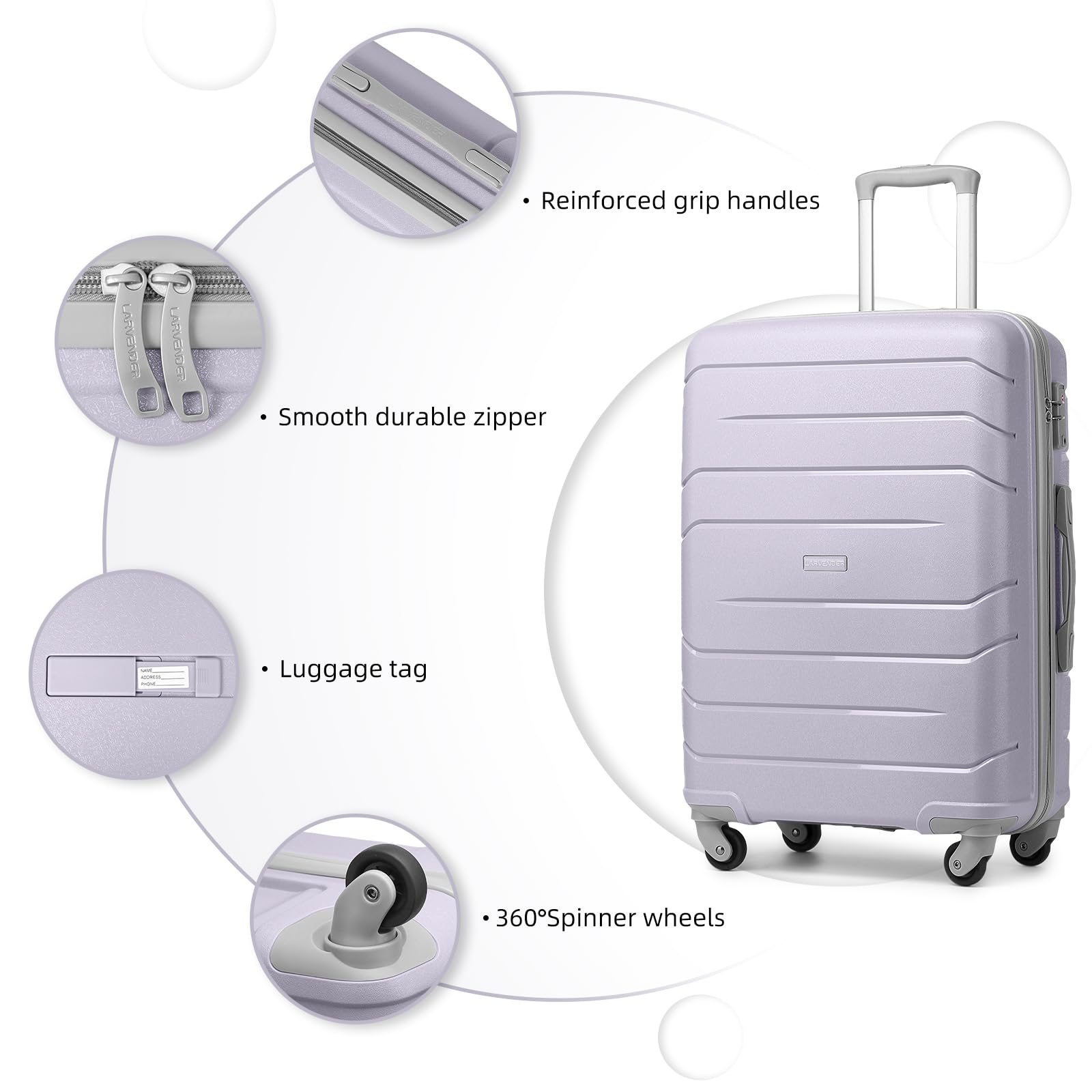 Lavender 20-Inch Hard Shell Carry On Luggage Set for Women - 3-Piece Spinner Wheel Suitcase with TSA Lock (22x14x9 Inches) Airline Approved - Perfect for Business Travel, Weekend Getaways & Family Vacations