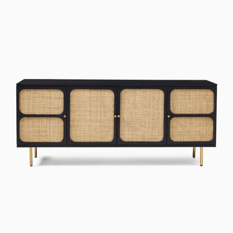 Solid Wood & Woven Black Media Console with Gold Metal Base - Modern Indian Cane TV Stand for Living Room | Entertainment Center with Storage Shelves | Perfect for Home Theater Setup & Living Room Organization
