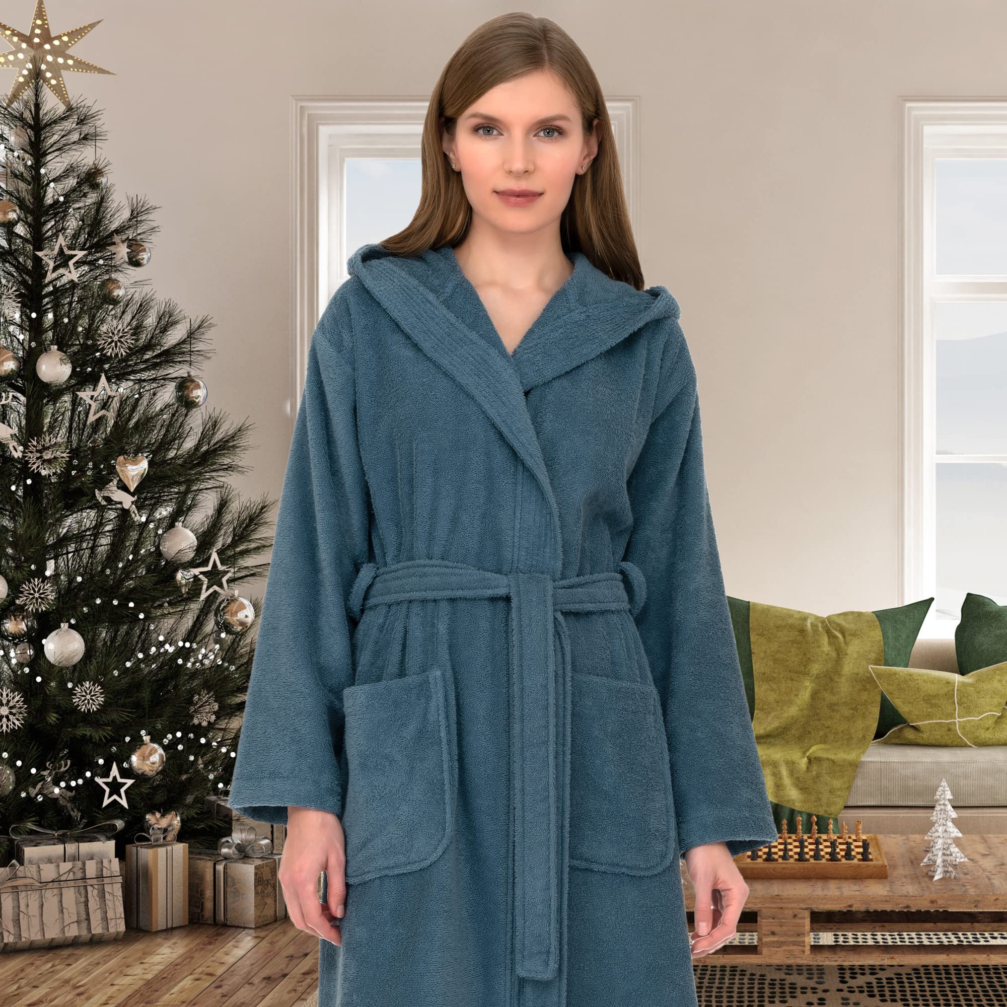 Premium Cotton Hooded Bathrobe for Women - Soft Terry Cloth Robe with Pockets, Womens Robe Sizes XS-3X, Cozy Spa & Lounge Wear for Home, Beach & Hotel