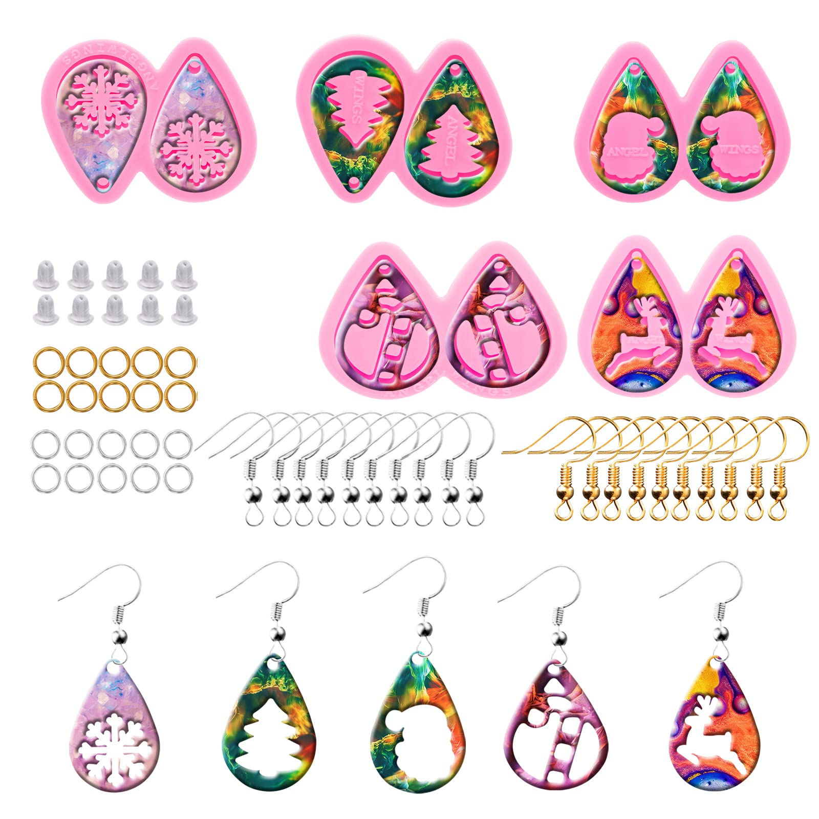 105Pcs Resin Earring Molds Kit with 5 Christmas Theme Silicone Molds - DIY Epoxy Jewelry Casting Set Including Earring Hooks - Perfect for Handmade Unique Earrings, Holiday Gifts & Craft Projects
