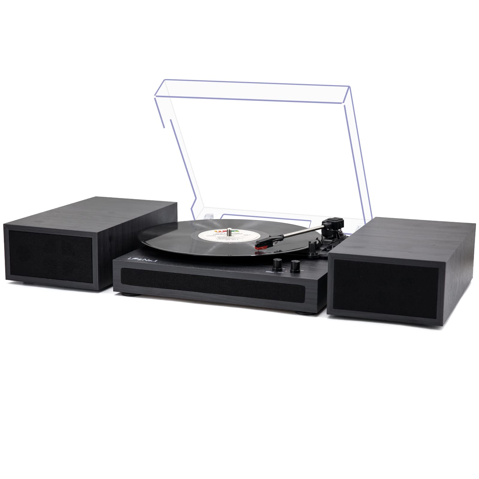 LP&No.1 Vintage 3-Speed Belt-Drive Turntable with Stereo Bookshelf Speakers - Wireless Input, RCA Output & Auto Stop - Wood Finish Record Player (Black Gray) | Perfect for Home Decor, Vinyl Collections & Retro Music Listening
