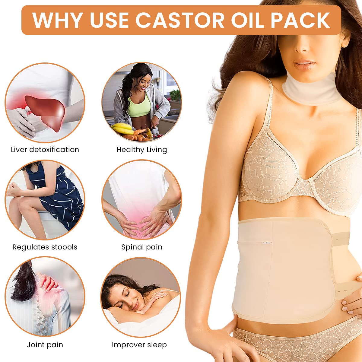 HANNEA® Organic Castor Oil Pack Kit - Reusable Waist & Neck Wrap for Liver Detox, Thyroid Support, Constipation Relief & Inflammation Reduction | Natural Pain Relief Therapy for Home Use