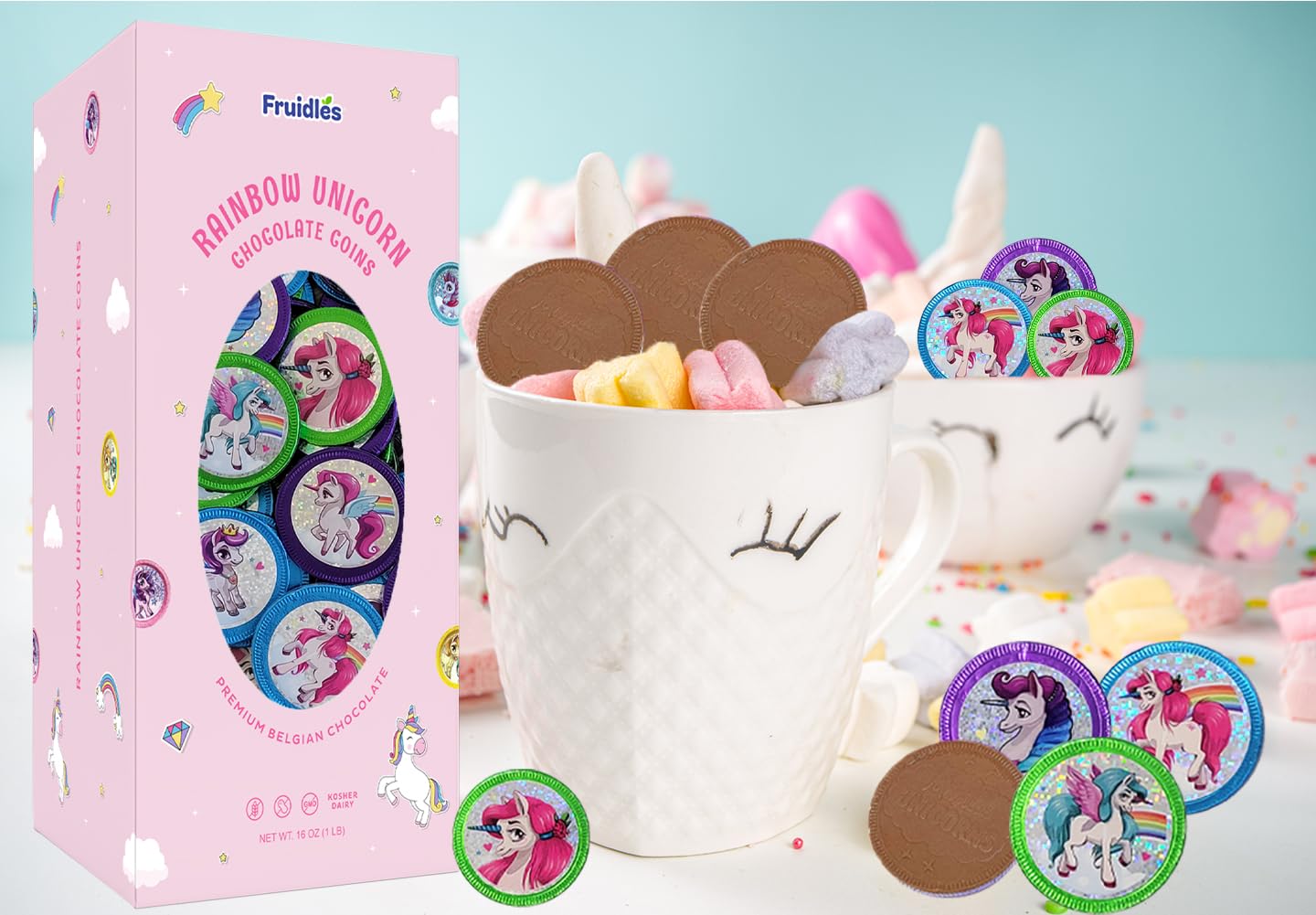 Fruidles Rainbow Unicorn Chocolate Coins with Stickers - 1 Pound Kosher Certified Milk Chocolate Coins in Foil Wrappers - Fun Birthday Party Favors, Easter Basket Stuffers & Holiday Treats for Kids