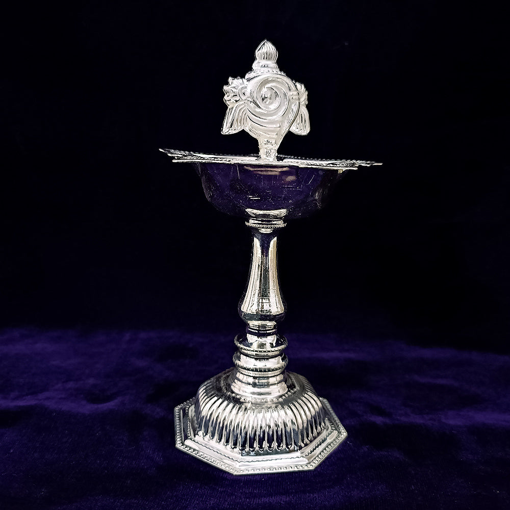 925 Sterling Silver Shankh Long Diya Pooja Lamp - Hindu Religious Ceremonial Oil Lamp for Home Temple, Puja Altar & Spiritual Decor (Design 51)