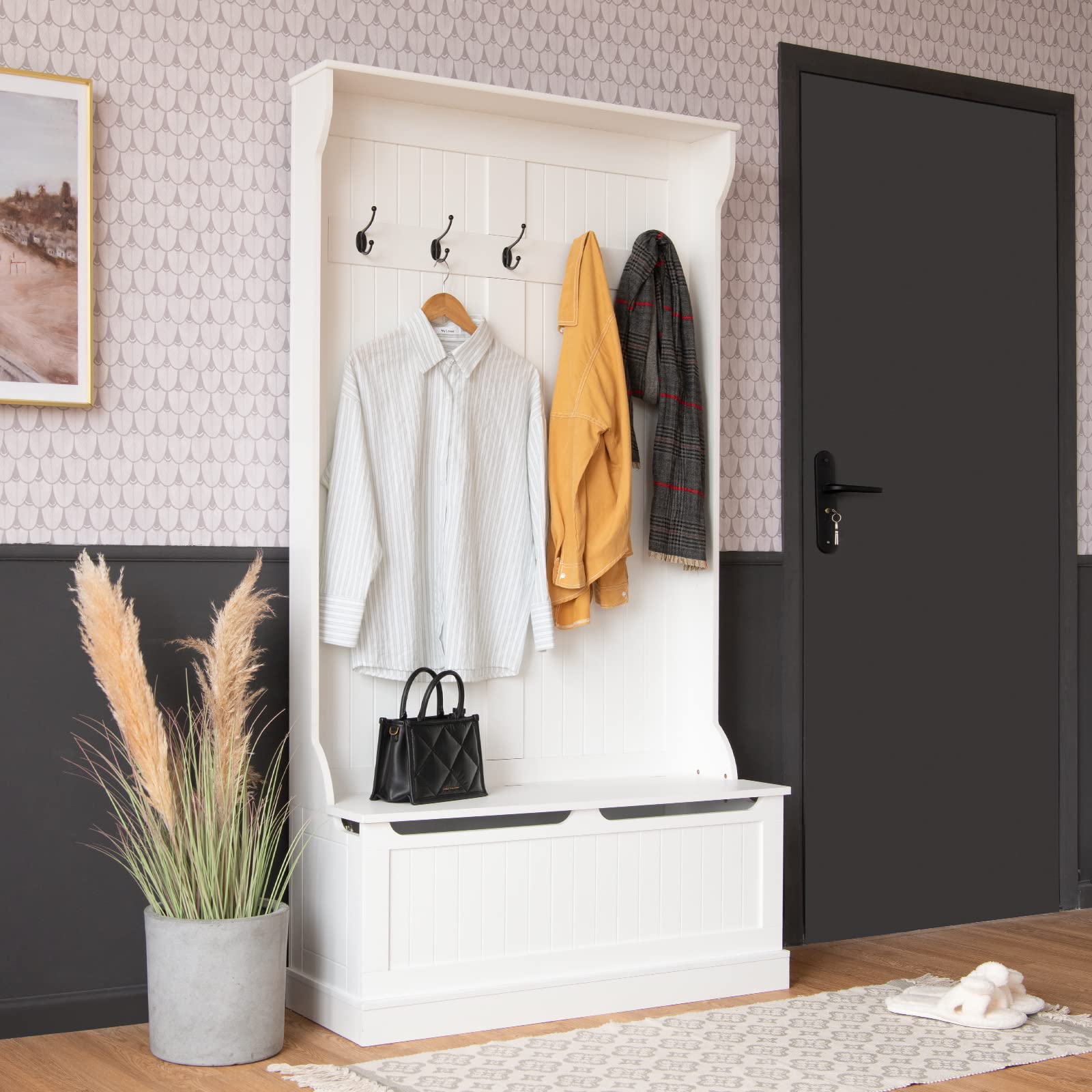 Tangkula 3-in-1 Entryway Storage Bench with Coat Rack - Wooden Hall Tree Bench with 5 Double Hooks, Anti-Tip Safety Strip & Under Seat Storage Organizer - Perfect for Entryway, Hallway, Bedroom or Mudroom Organization (White)
