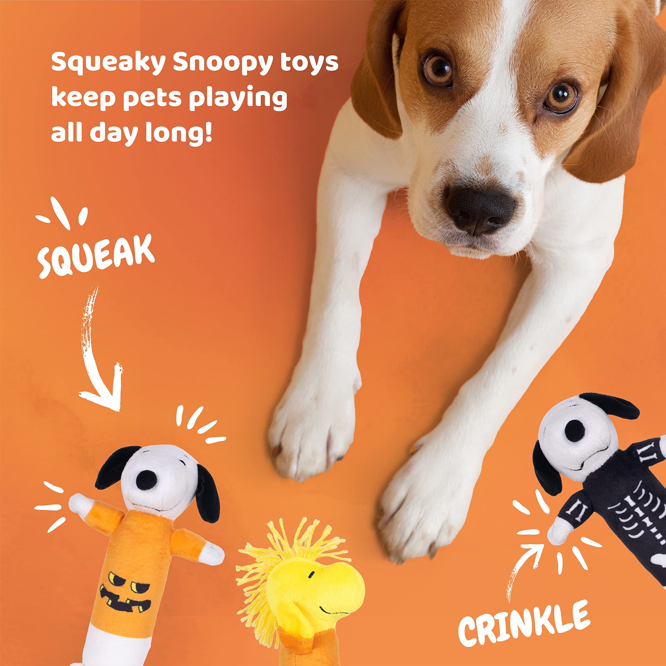 9 Inch 3 Pack Halloween Dog Toys - Snoopy Pumpkin, Woodstock Pumpkin & Snoopy Skeleton Plush Chew Toys | Officially Licensed Peanuts Collection | Durable Squeaky Dog Toys for Halloween Parties & Playtime