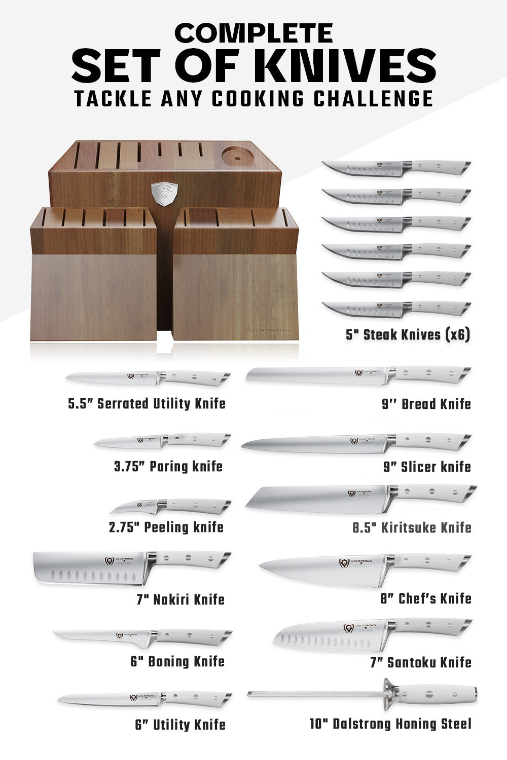 18-Piece Colossal Knife Set with Wooden Block - Gladiator Series with White Handles - NSF Certified Professional Kitchen Knives by Dalstrong - Perfect for Home Chefs & Culinary Enthusiasts