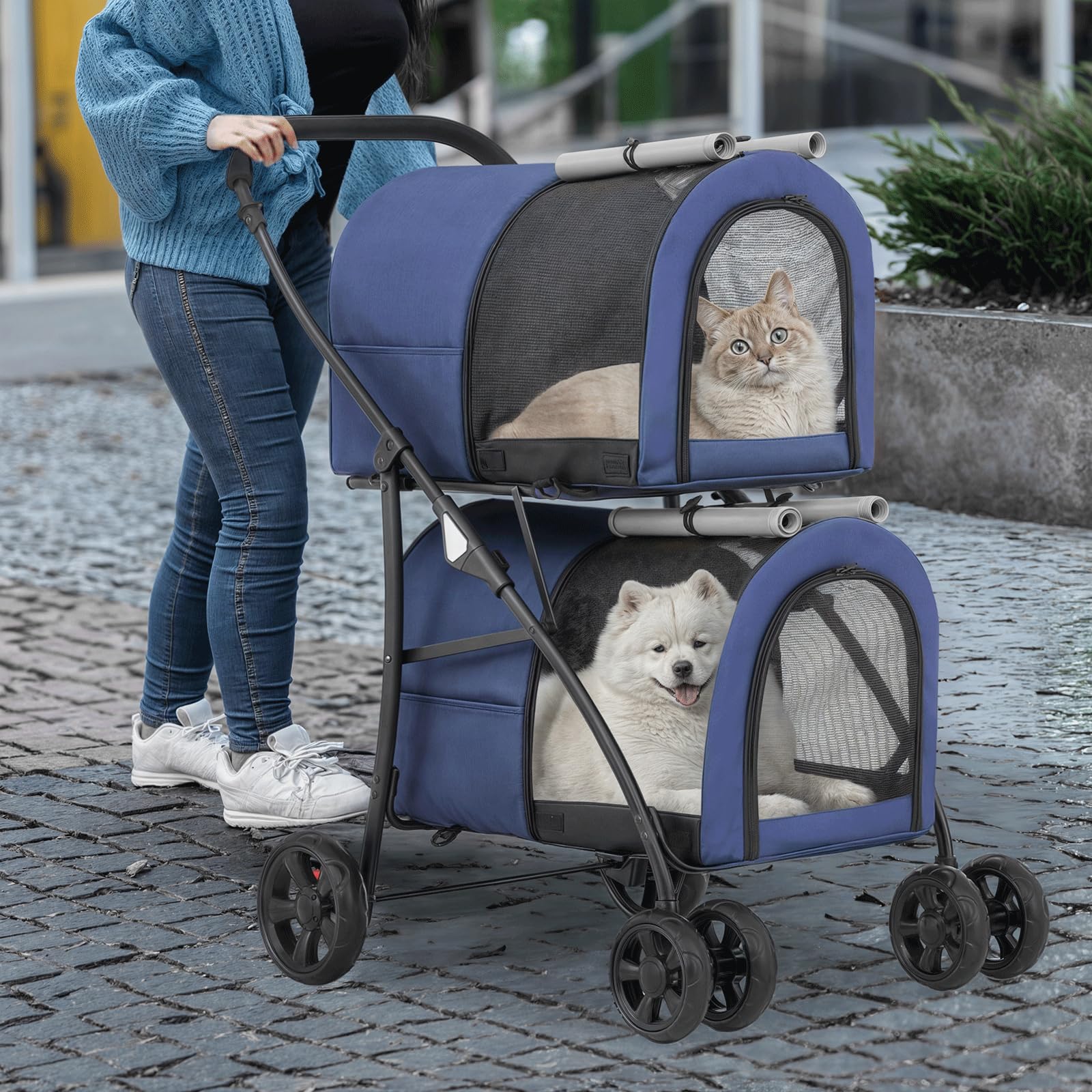 MoNiBloom Double Dog Stroller with Detachable Carrier Bags - Large 4-Wheel Foldable Pet Jogger for Small & Medium Dogs & Cats (Navy Blue/Gray) - Perfect for Outdoor Walks, Park Visits & Vet Appointments
