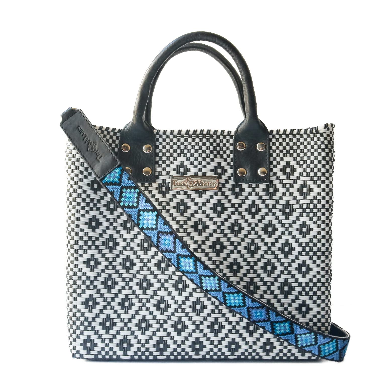 Eco-Friendly Panda Large Woven Crossbody Bag - Black Leather Handles & Adjustable Strap, Handmade Recycled Plastic Purse | Mexican Oaxaca Style Tote for Women | Perfect for Summer, Work & Everyday Use | Casual Outings, Beach Trips & Office Commute