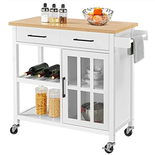 White Kitchen Island Trolley Cart with Wine Rack, Storage Drawers & Cabinet - Perfect for Small Kitchens, Dining Rooms & Home Bars