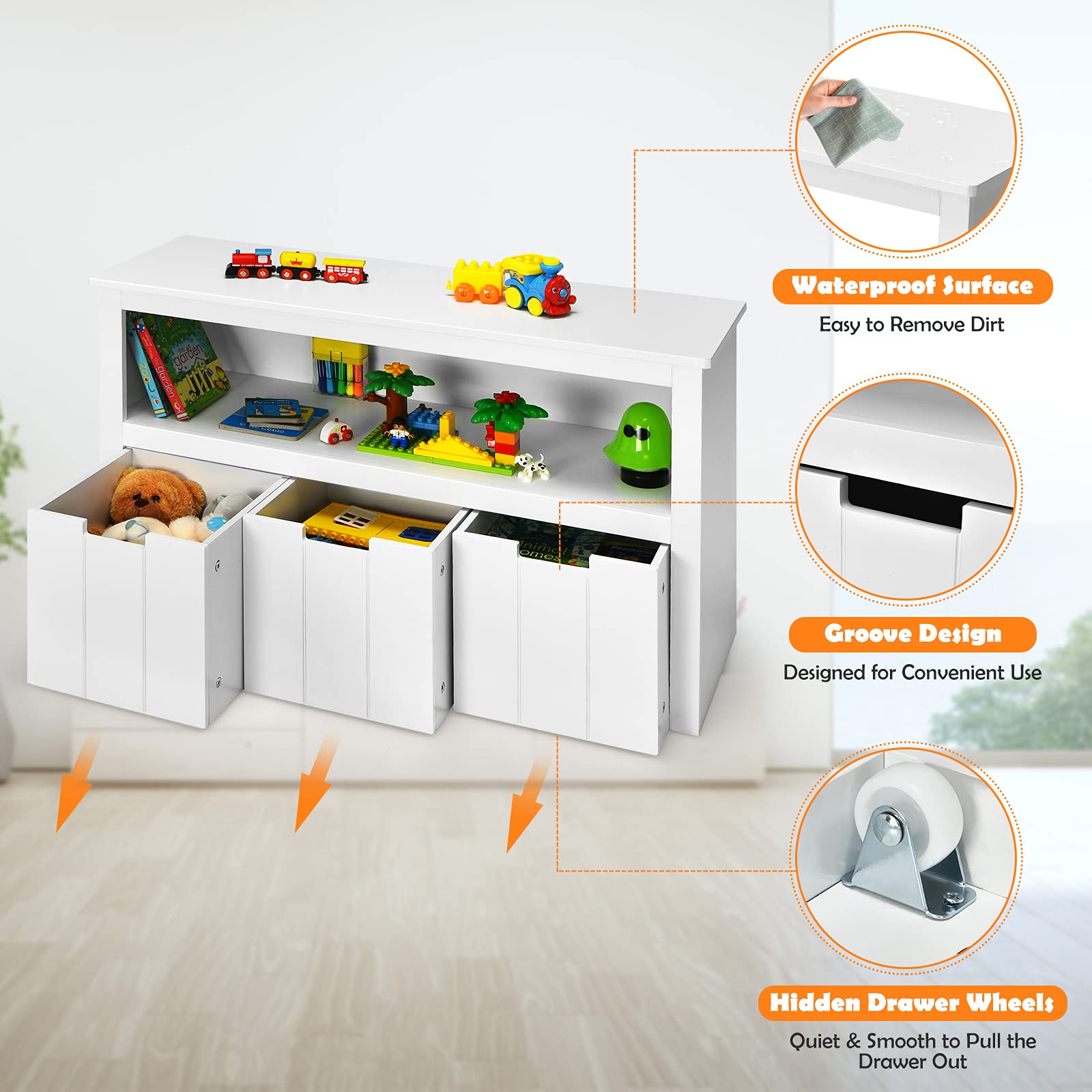 3-Drawer Storage Cabinet for Kids Toys with Large Open Shelf & Hidden Wheels - 2-in-1 Multifunctional Organizer for Bedroom, Living Room, Office - White | Perfect for Toy Storage, Home Organization & Small Space Furniture